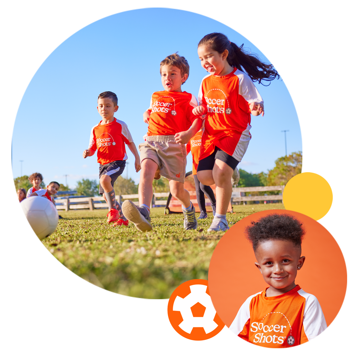 Two images. One is a group of children playing soccer. The second image is a closeup of a boy smiling.
