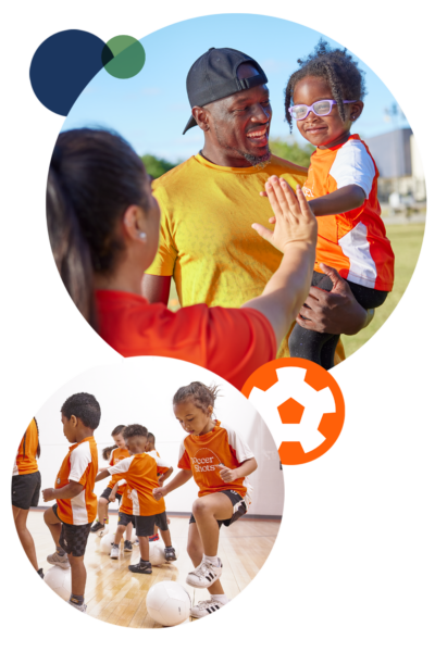 Two images. One is a father holding his daughter while she gives a Soccer Shots coach a high-five. Second image are kids indoors practicing toe taps.