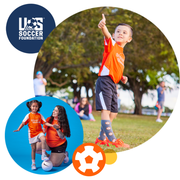 Two images. One image is a boy giving thumbs up. Second image is a Soccer Shots coach helping a girl practice the control skill.